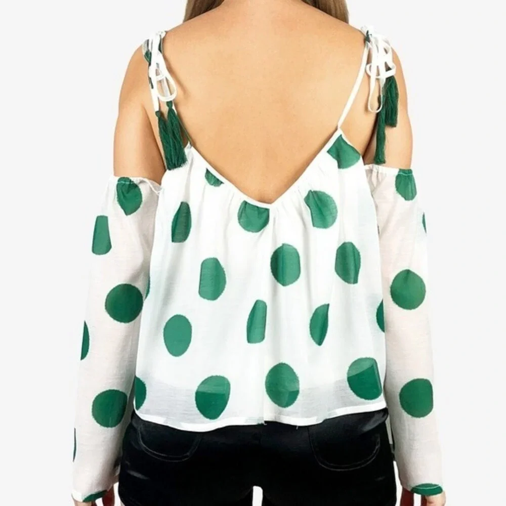Line & Dot Green Polka‎ Dot Top Size XS White Green Cold Shoulder Flowy Summer